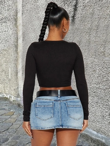 Slim fit black long sleeve cropped knit top with ribbed texture and back view style