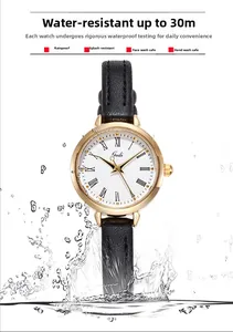 Detail of Gedi thin leather watch showing 30m water resistance with water splash effect