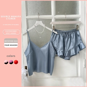 Pyjama Sexy Femme Satin Haut À Bretelles Et Short À Volants Col En V Vêtements De Nuit Élégant Satin Imitation