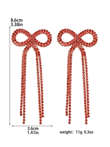Detailed dimensions of red rhinestone bow tassel earrings with a length of 8.6cm