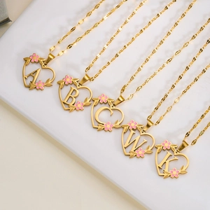 Heart Letter Pendant Necklace Stainless Steel Pink Flower Enamel Sweet Romantic Jewelry Gift For Women Girls