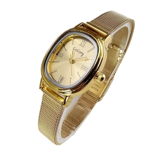 Vintage gold square quartz watch for women with metallic mesh strap and Roman numerals
