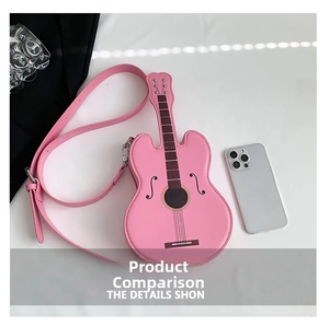 Pink guitar-shaped crossbody bag made of PU leather with details compared to a smartphone