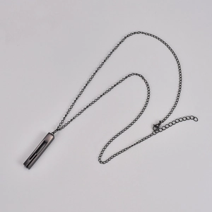 Minimalist gunmetal rectangular pendant necklace with industrial hollow design and chain