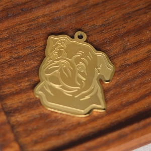 Gold stainless steel bulldog pendant necklace on a dark wood background texture