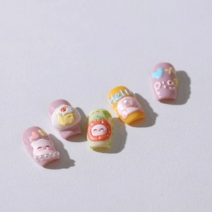 3D embossed press-on nails featuring cute cartoon pigs, pink strawberries and pearls