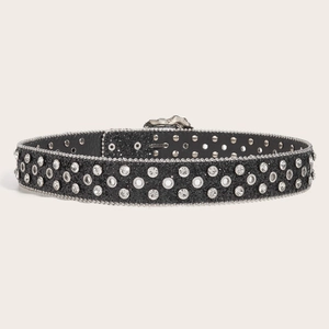 American vintage black rhinestone belt with sparkling sequins and metal eyelets for women
