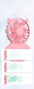 Detail showing three adjustable wind speeds of pink cat ear portable handheld mini fan