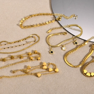 Gold stainless steel double layer bracelet with zircon charms and flat snake chain for women