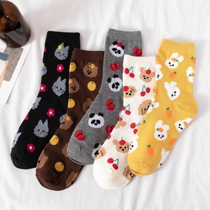 Women Cute Cartoon Animal Pattern Cotton Mid-Calf Socks Breathable Japanese Style Kawaii Bear Panda Cat Daily Casual Socks