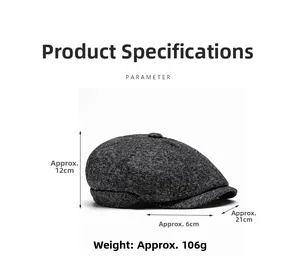 Detailed size parameters for the grey newsboy cap with measurements and weight