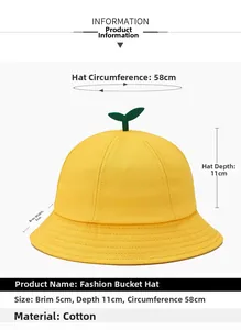 Détail d'un chapeau bob en coton jaune avec pousse verte et dimensions précises