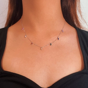 Elegant 925 sterling silver choker necklace with multi-colored zircon gemstone charms