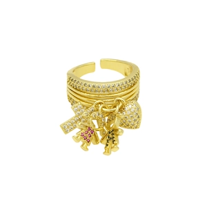 Detail of gold layered open ring with zircon-studded cross, boy, girl, and heart charms