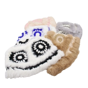 Women Winter Plush Bucket Hat Handmade Crochet Fisherman Hat Faux Fur Trimmed Cotton Knitted Pattern Warm Windproof Outdoor Ear Protection Cap