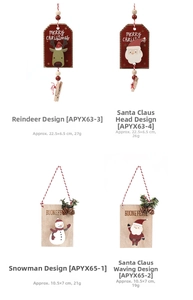 Detailed view of four wooden Christmas ornaments featuring Santa, snowman and deer motifs