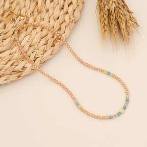 Handmade champagne crystal bead necklace with heart pendant and turquoise accents
