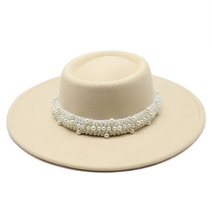 French vintage flat top wool sun hat in beige with elegant large pearl band decoration