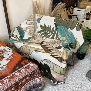 Bohemian tropical leaf cotton camping blanket with tassels for sofa or outdoor use