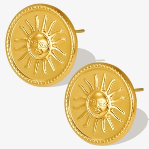 Detailed close-up of 18k gold plated 304 stainless steel sunburst relief stud earrings