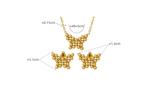 Detailed view of golden butterfly jewelry set dimensions with necklace and stud earrings