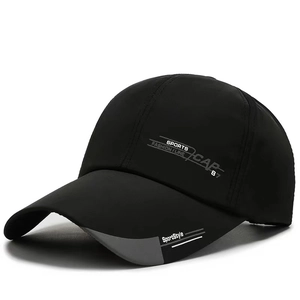 Black silk baseball cap with extended brim and grey sport fashion print detailing