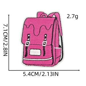 Detailed pink backpack embroidery patch showing dimensions 7.1cm height and 5.4cm width