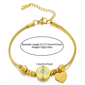 Detail of 18K gold plated evil eye bracelet with heart pendant and snake chain dimensions