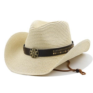 Cappello da cowboy in paglia intrecciata con fascia in pelle e fibbia floreale vintage