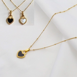 Minimalist 18K gold-plated titanium steel necklace with black and white heart lock charms