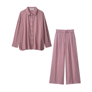 Women Casual Two Piece Set Button Down Long Sleeve Shirt And Belted Wide Leg Pants Dusty Rose Fashion Streetwear Outfit