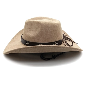 Detail view of beige suede cowboy hat with brown leather band and silver star studs