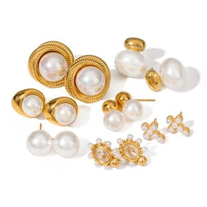 Set of eight pairs of gold-plated stainless steel pearl earrings in various vintage styles