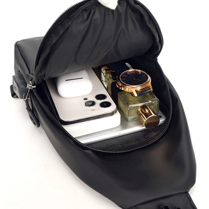 Men's minimalist black crossbody chest bag with USB charging port and large capacity