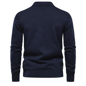 Rear view of navy blue long sleeve knitted polo sweater with ribbed cuffs and hem details