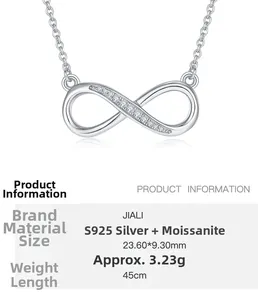 Detail showing S925 silver infinity pendant dimensions 23.6x9.3mm with moissanite accents