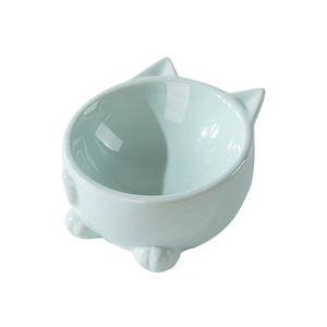 Elevated light blue ceramic cat bowl with cute ear decor and non-slip claw stand