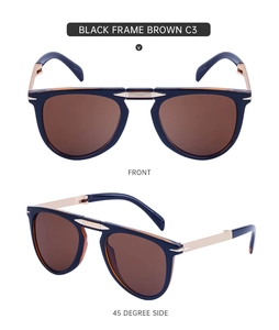 Detailed views of foldable sunglasses with black frames, brown lenses and gold accents