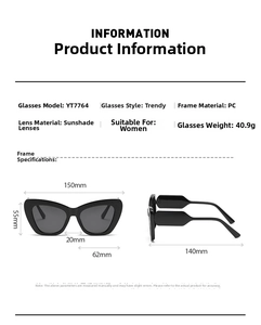 Detailed size chart for cat eye sunglasses showing 150mm frame width and 140mm temple length