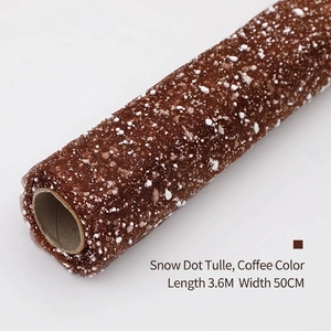 Brown snow point mesh wrap for bouquets, 50cm x 3.6m roll with white 3D dots