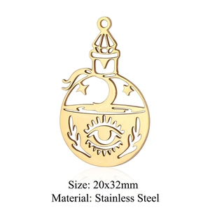 Macro shot of gold stainless steel eye bottle pendant with size 20x32mm dimensions