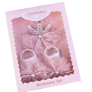 Pink infant headband and socks gift set with silver crown and pearl mesh accents