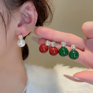 Elegant zircon pearl stud earrings in white red and green colors for a classic French style