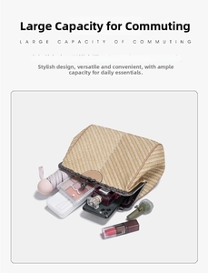 Detail view of large capacity woven clutch bag showing interior storage for daily items