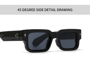 Detail view of black square frame sunglasses with silver metal rivets at a 45-degree angle