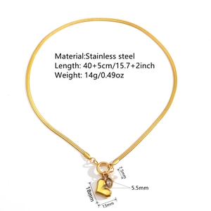Golden stainless steel flat snake chain necklace with heart pendant and pearl detail