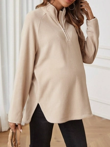 Maternity Sweatshirt Polar Fleece Zip Up Stand Collar Loose Long Sleeve Pullover For Pregnant Women Winter Casual