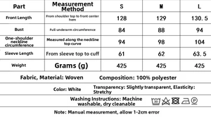 Detailed size guide table for elegant off-shoulder white lace dress with measurements