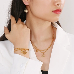 Detailansicht des goldenen Schneeflocken-Schmucksets mit Kette, Armband und Ohrringen