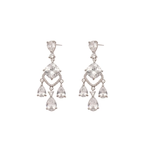 Silver needle chandelier earrings with rhombus zircons and teardrop tassels on white backdrop